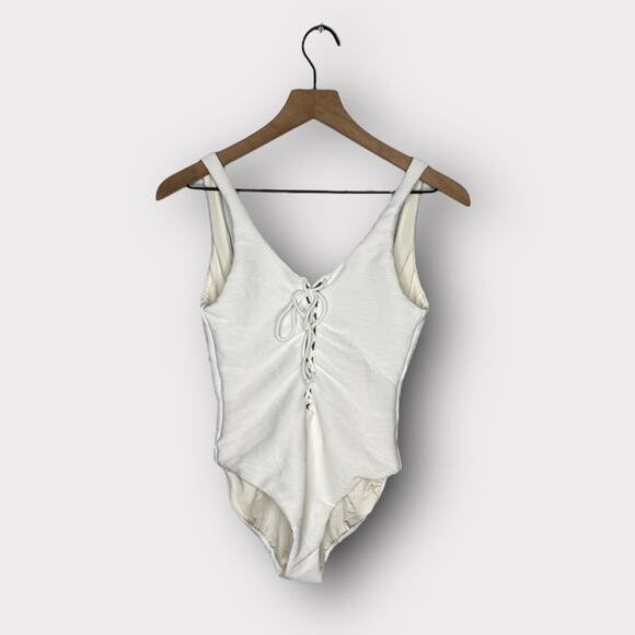 Onia Bridget Ribbed Lace Up One Piece Swimsuit in Marshmallow White Size Large - Picture 3 of 7